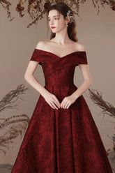 A Line Prom Dress Off the Shoulder Satin Burgundy Long Evening Dress